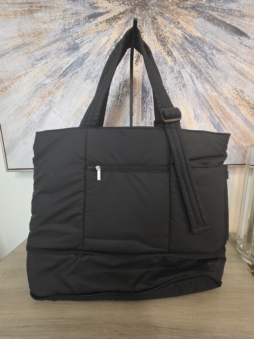 Black Quilted Tote Bag with Exterior Zip Pocket